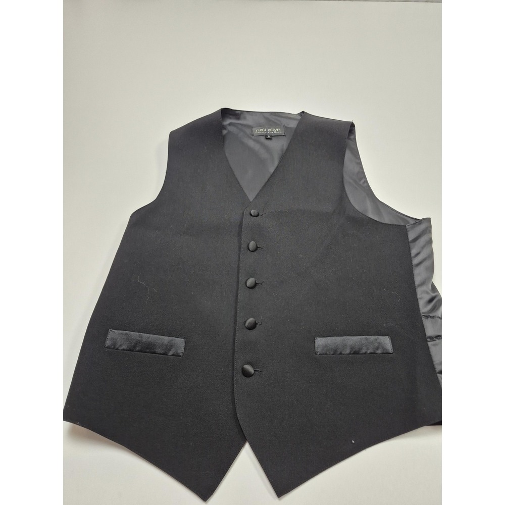 Neil Allyn Vest Mens Small Black 100% Wool Tuxedo Suit Waistcoat Formal READ